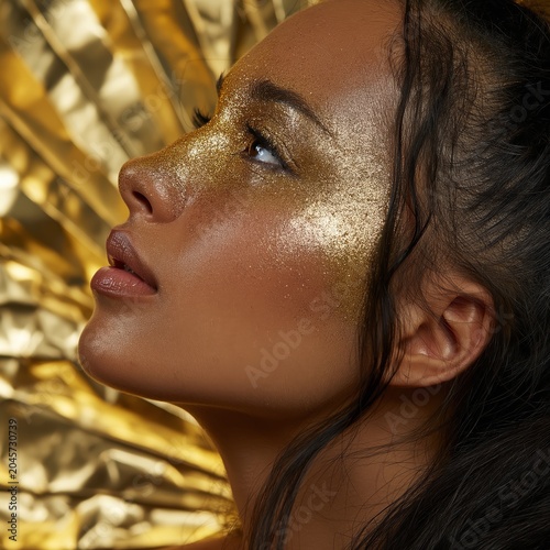 Model Poses With Gold Glitter on Skin in a Reflective Setting During Evening ...