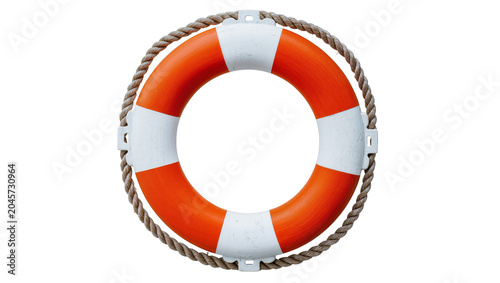 Foto Orange and white life preserver ring with rope