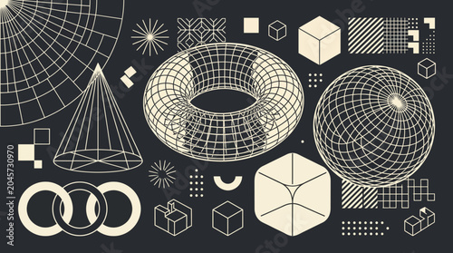 Abstract geometric wireframe 3D shapes including spheres, torus, cubes and lattice polyhedra rendered in a dark blueprint style.