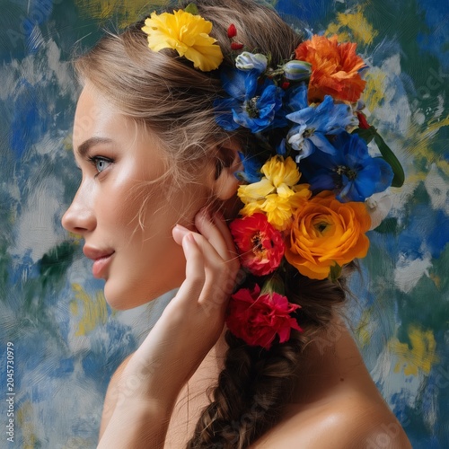 Woman With Flower Crown Poses Against Colorful Backdrop During Autumn Season