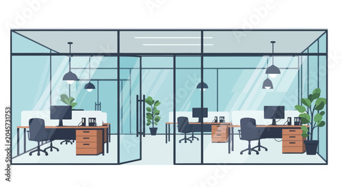 Fényképezés Modern office interior with glass walls and workstations