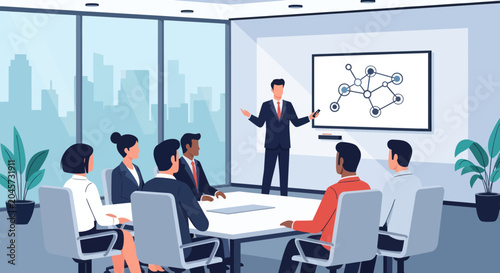 Canvas Print A presenter explains a network diagram to a group of attentive colleagues in a m