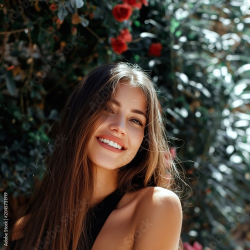 Smiling Woman Poses Among Green Leaves and Red Flowers in Bright Sunlight