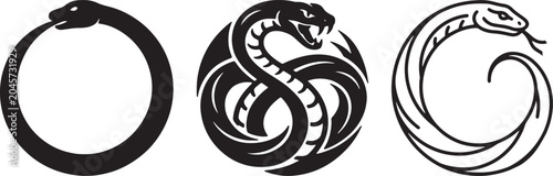 Three black and white snake illustrations in circular poses, animal designs.