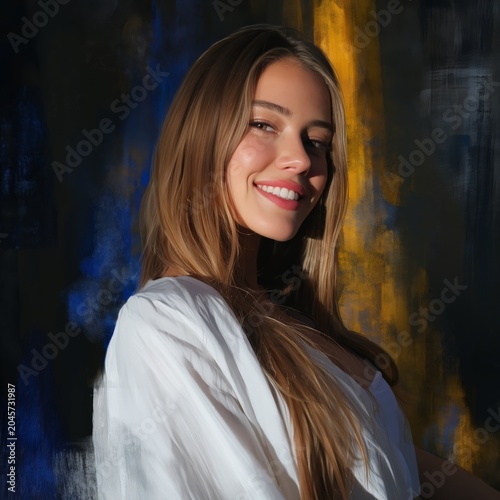 Smiling Woman Poses Among Green Leaves and Red Flowers in Bright Sunlight