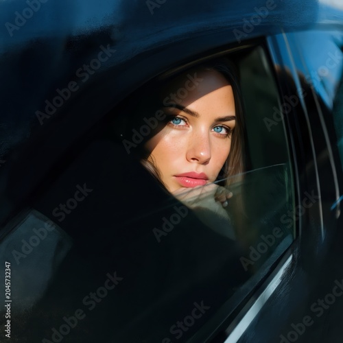Young Woman Looking Through a Car Window on a Sunny Day in the City