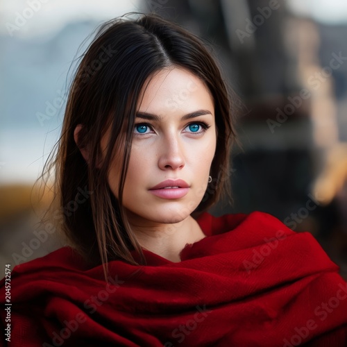 Model Poses by Window With Red Shawl in Bright Indoor Setting During Daytime