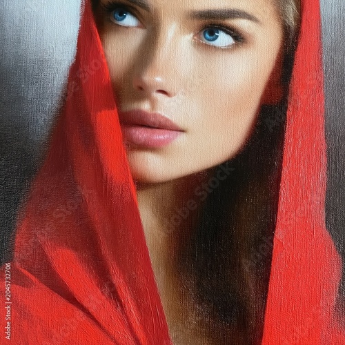 Woman With Blue Eyes Wearing a Red Hood Looking Towards the Camera in a Soft ...