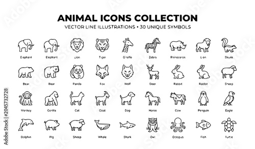 Canvas Print Animal Line Icons Set with Wildlife Farm and Pet Symbols Vector Collection