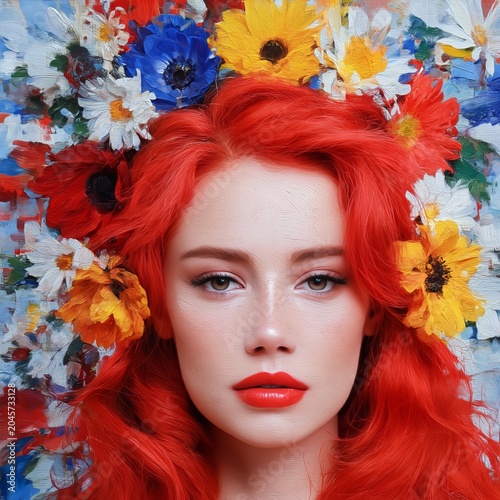 Woman With Red Hair and Flower Crown in Front of Colorful Floral Backdrop Dur...