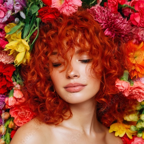 Red Hair Woman Surrounded by Colorful Flowers in Summer
