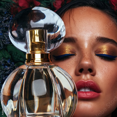 Model Poses With Perfume Bottle in Art Style During Studio Session