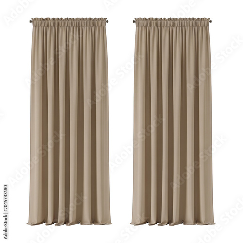 Pair of beige fabric curtains hanging on rods with soft pleats and neutral tones for window treatment and home decor isolated on a transparent background