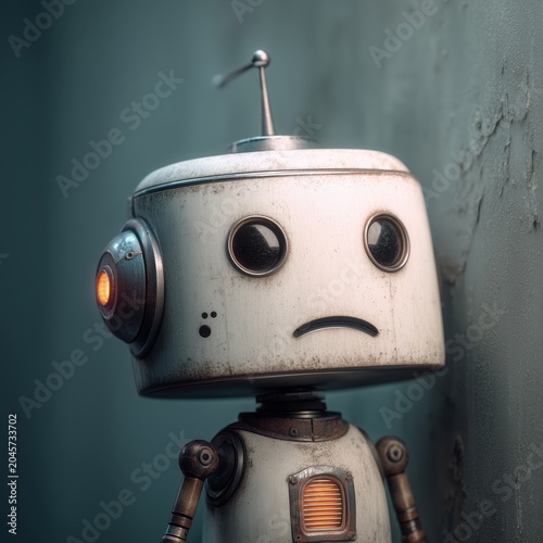 Sad retro robot portrait with expressive face and soft light. AI-generated.