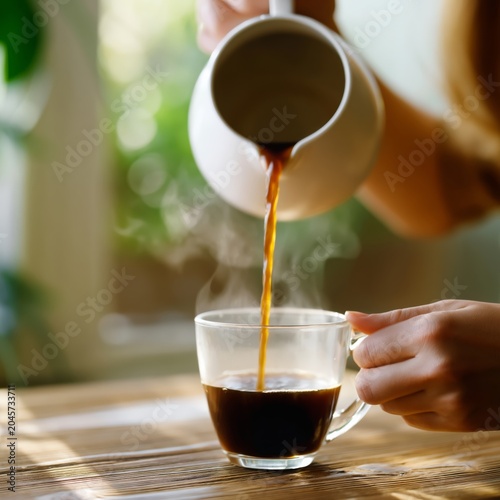 Pouring Hot Coffee Into a Glass Cup in a Bright Kitchen Setting During Mornin...