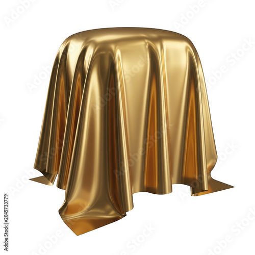 Abstract golden fabric draped over a hidden shiny metallic silk texture with folds and flowing curves, luxury background isolated on a transparent background