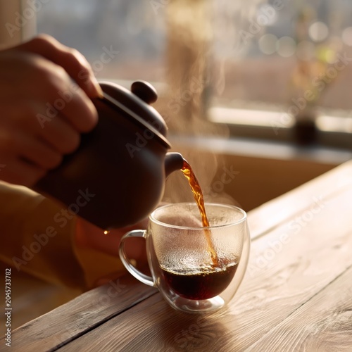 Pouring Hot Coffee Into a Glass Cup in a Bright Kitchen Setting During Mornin...