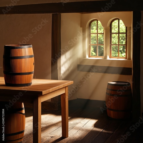 Light Shines Through a Window Into a Room With Wooden Barrels and a Table