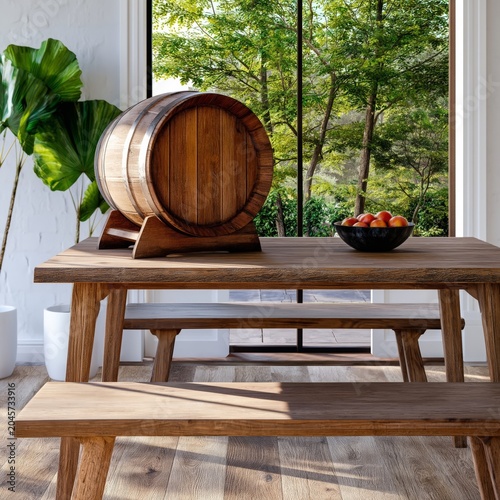 Light Shines Through a Window Into a Room With Wooden Barrels and a Table