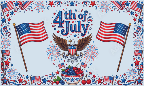 Festive 4th of july illustration with american flags eagle and fireworks