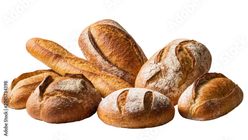 Konstfotografi Assortment of crusty artisan breads including baguettes and boules, isolated on