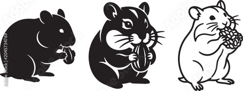 Black hamster silhouette collection with linear rodent outline and cute pet eating seeds icons.