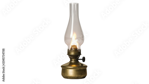 Foto Antique brass oil lamp with lit flame, isolated on transparent background