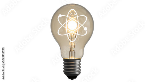 Fotografie Glowing incandescent light bulb with atom symbol inside, isolated on transparent