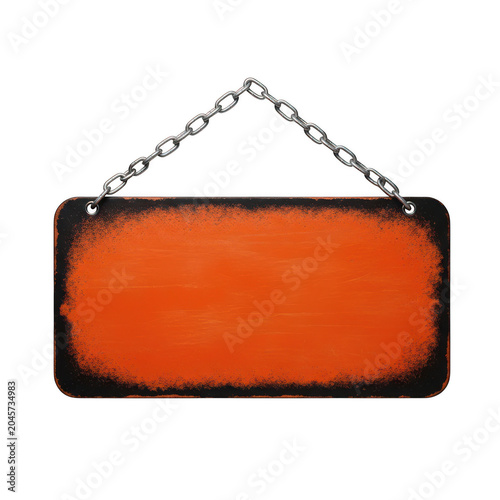 Rectangular orange sign board with a distressed black border hanging from a heavy metal chain for industrial or rustic style messaging isolated on a transparent background