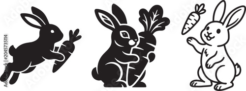 Bunny rabbit silhouette set with carrot illustrations including jumping rabbit and linear icons.