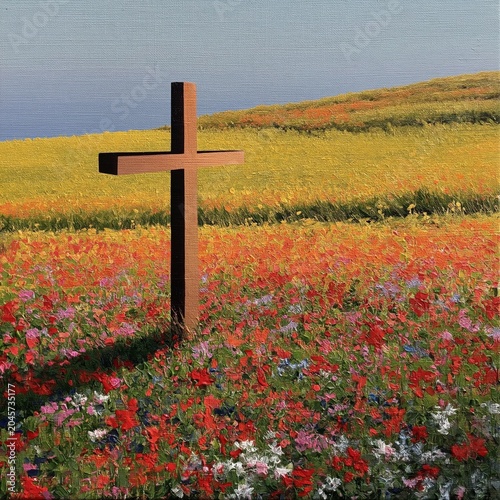 Colorful Field With a Wooden Cross in a Spring Landscape During Daylight Hours