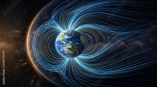 Earth surrounded by magnetic field lines in space | Geomagnetic field interacting with solar wind | Scientific visualization of planetary magnetosphere