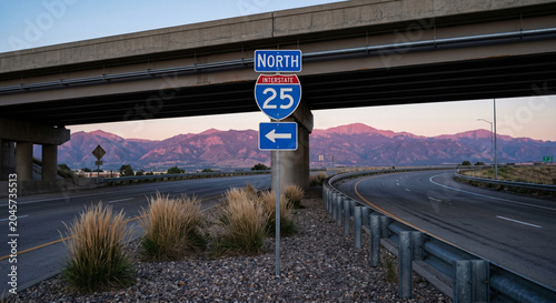 Interstate 25 North Highway Sign on American Highway with Mountain Background