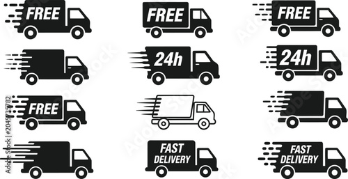 Fast Delivery Truck Icon Set with Minimalist Free Shipping Cargo Van and Express Service Vectors