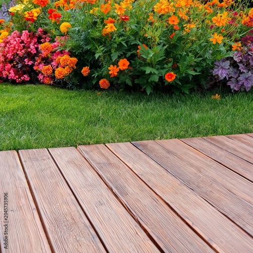 Flowers Bloom in a Colorful Garden With a Wooden Deck in the Foreground Durin...