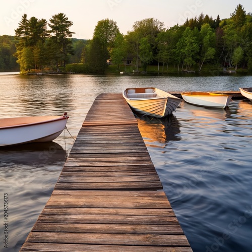 Boats Moored by a Wooden Dock on a Lake Surrounded by Trees in the Evening