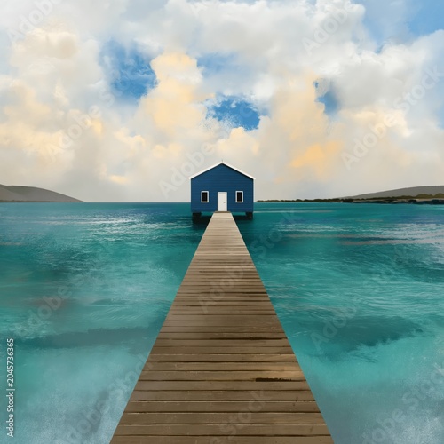 Wooden Pier Leads to a House on Water With a Blue Sky and Boats in the Distance