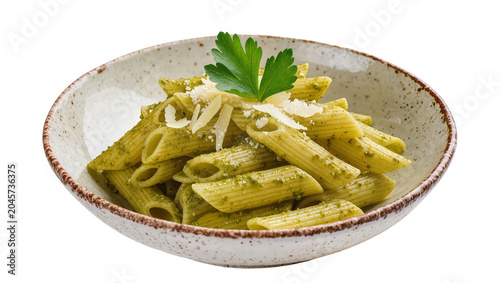 Foto Penne pasta with green pesto sauce and parmesan cheese, isolated on transparent