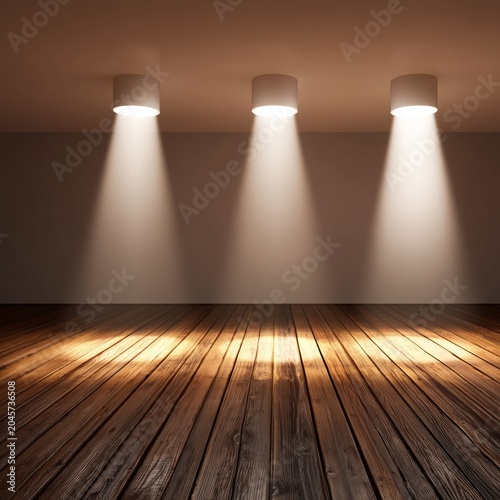 Three Lights Shine Down on a Wooden Floor in an Empty Room at Night
