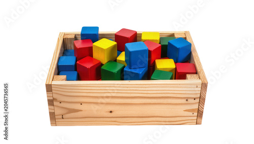Wooden crate filled with colorful building blocks, isolated on transparent background