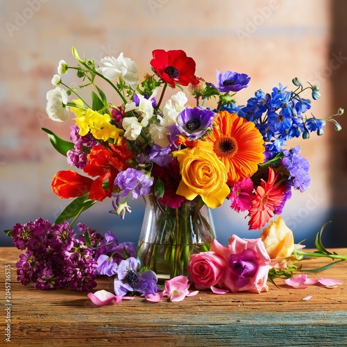 Bright Bouquet of Flowers Arranged in Glass Vase on Wooden Table With Petals ...