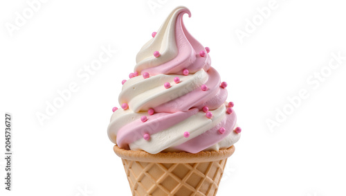 Foto Swirled strawberry and vanilla soft serve ice cream cone with pink sprinkles, is