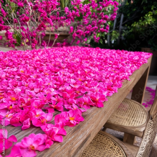 Bougainvillea Flowers Cover a Wooden Table in a Garden Setting During Daytime...