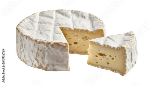 Obraz na płótnie Whole round brie cheese with a slice cut out, isolated on transparent background