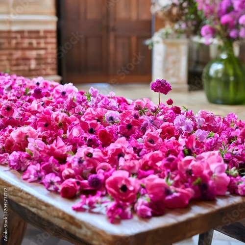 Flowers Are Arranged on a Wooden Table in a Shop During the Daytime