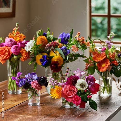 Bright Flowers in Glass Vases on a Wooden Table Beside a Colorful Wall Art in...
