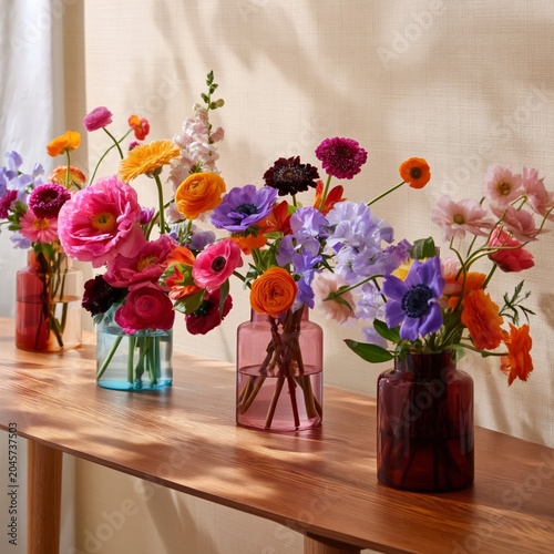 Bright Flowers Arranged in Vases on a Wooden Table Near a Sunny Window in a C...