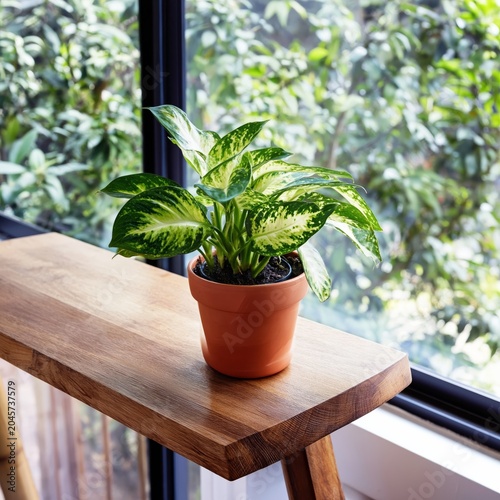 Sunlight Shines on a Potted Plant on a Wooden Table Near a Window in a Cozy I...