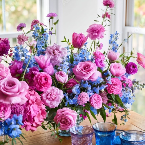 Colorful Flower Arrangement With Pink and Blue Blooms on Wooden Table