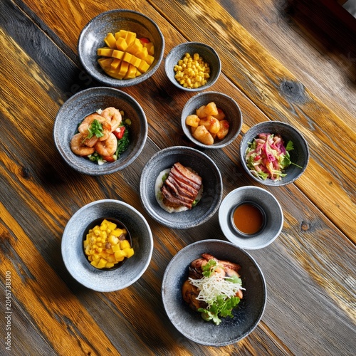 Delicious Seafood Dishes Served on a Wooden Table With Fresh Sides and Sauces...